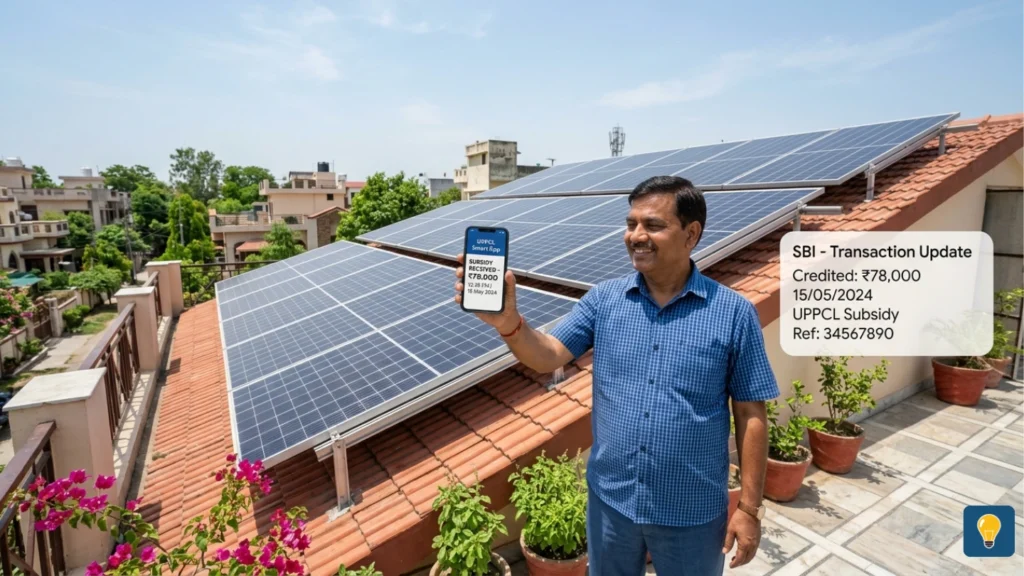 PM Surya Ghar Muft Bijli Yojana 2026 split-screen comparison: A man stressed with a high electricity bill vs a happy man on a sunny rooftop with solar panels and a ₹78,000 subsidy check.